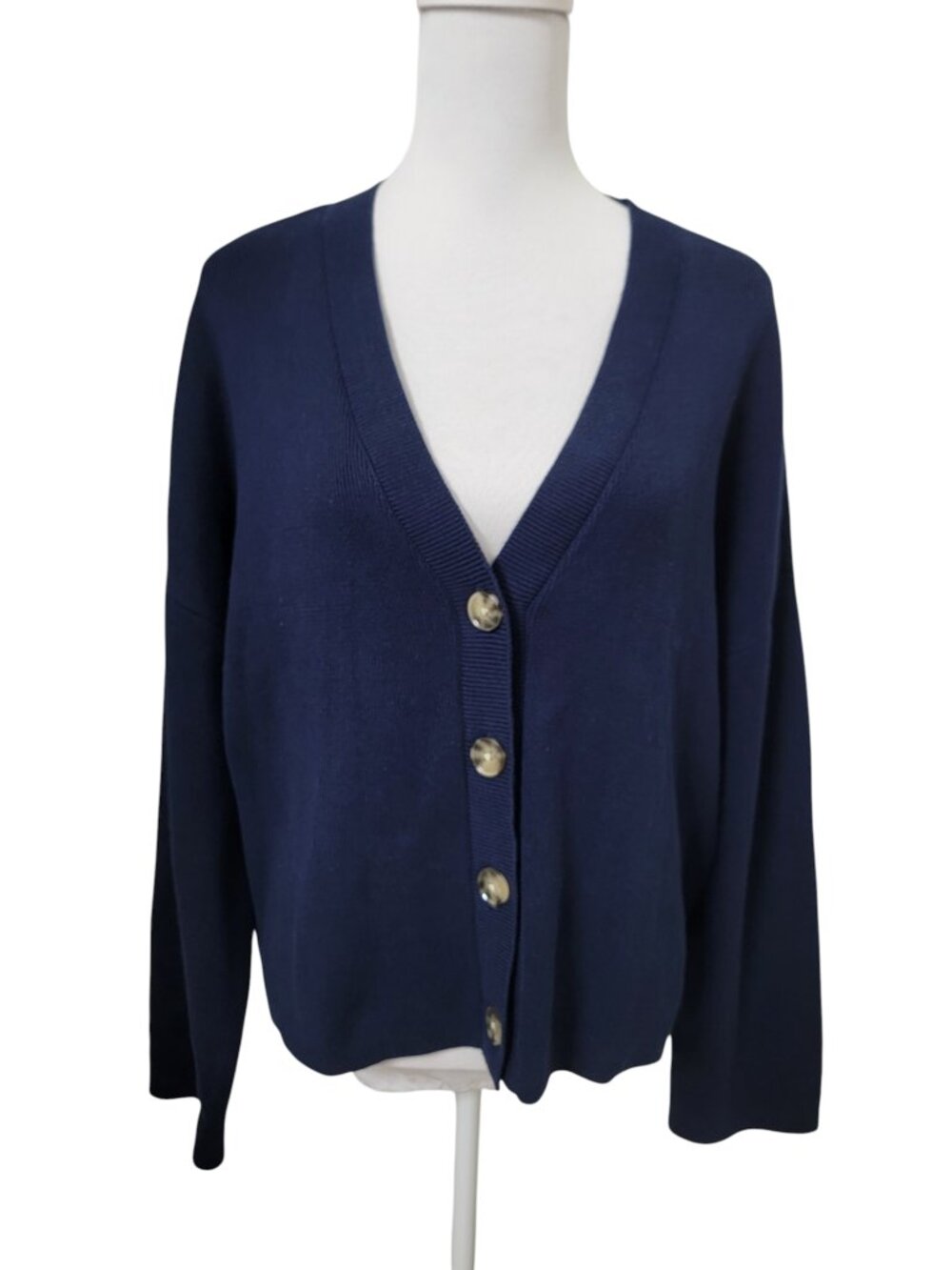 LOFT Size XL Navy Blue V Neck Long Sleeve Button Front Cardigan, NEW with Tag
